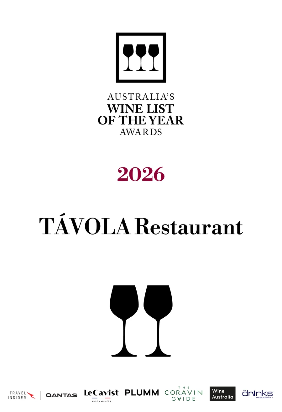 Certificato Two Glasses 2026 – TÁVOLA Restaurant, Australia's Wine List of the Year Awards